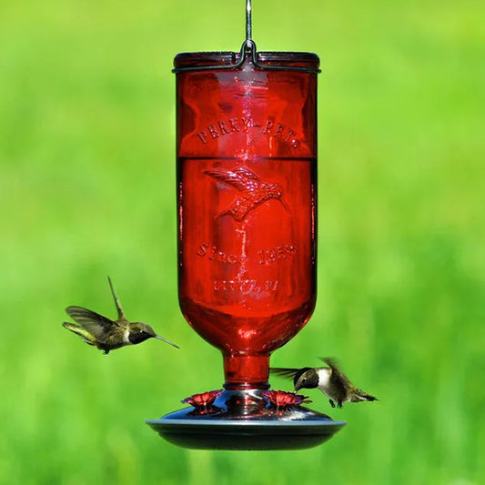Red antique glass bottle hummingbird feeder