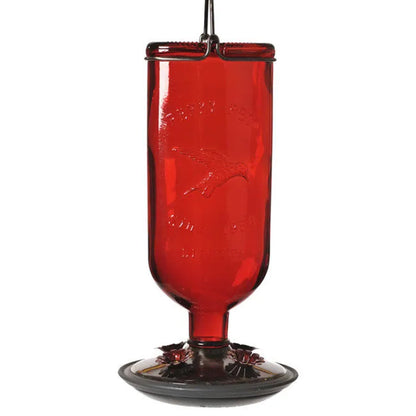Red antique glass bottle hummingbird feeder