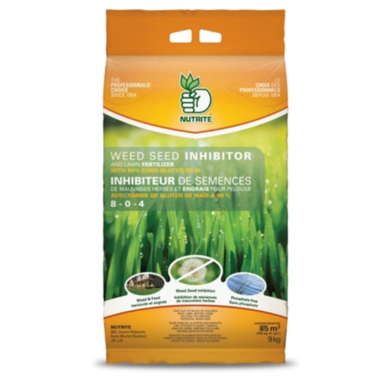 Weed seed inhibitor & lawn fertilizer with 90% corn gluten meal 8-0-4